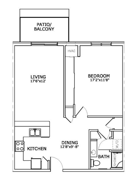 Floor plan for 1 bed, 1 bath, 799 sqft